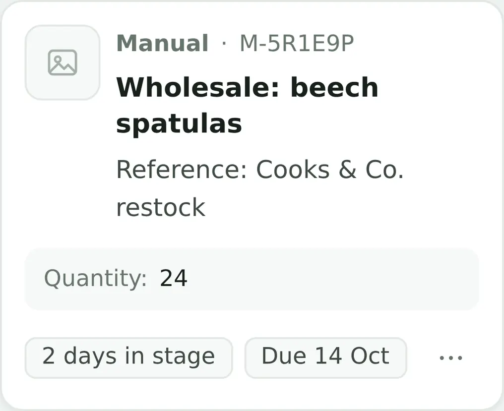 ProdBord job card: manual job, wholesale order of 24 beech spatulas, reference Cooks & Co. restock. Two days in stage, due 14 October.